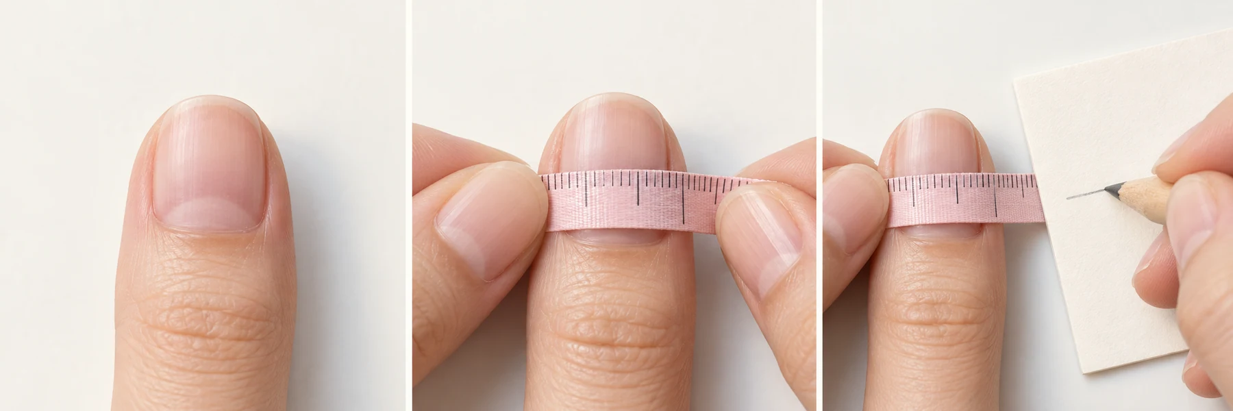 Three close-up steps showing a bare nail, measuring tape across the widest point and recording the measurement