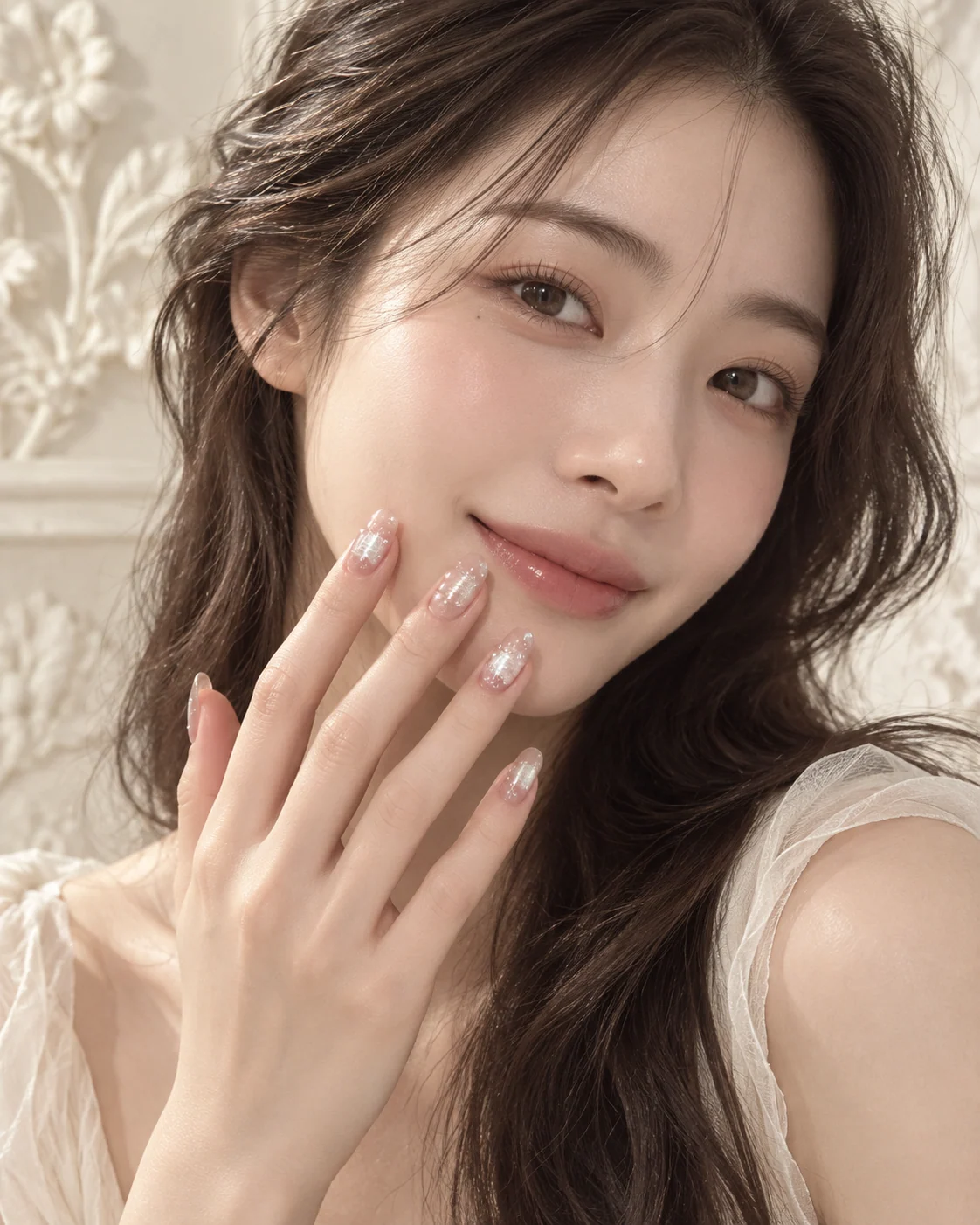 Asian model wearing Opal Bubble handmade press-on nails