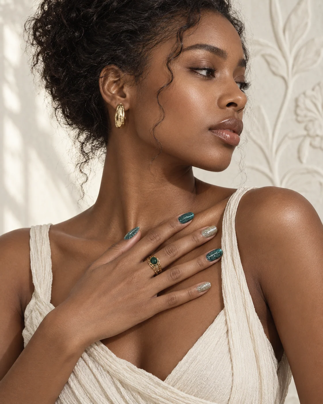 Black fashion model presenting Tidal Glass handmade press-on nails