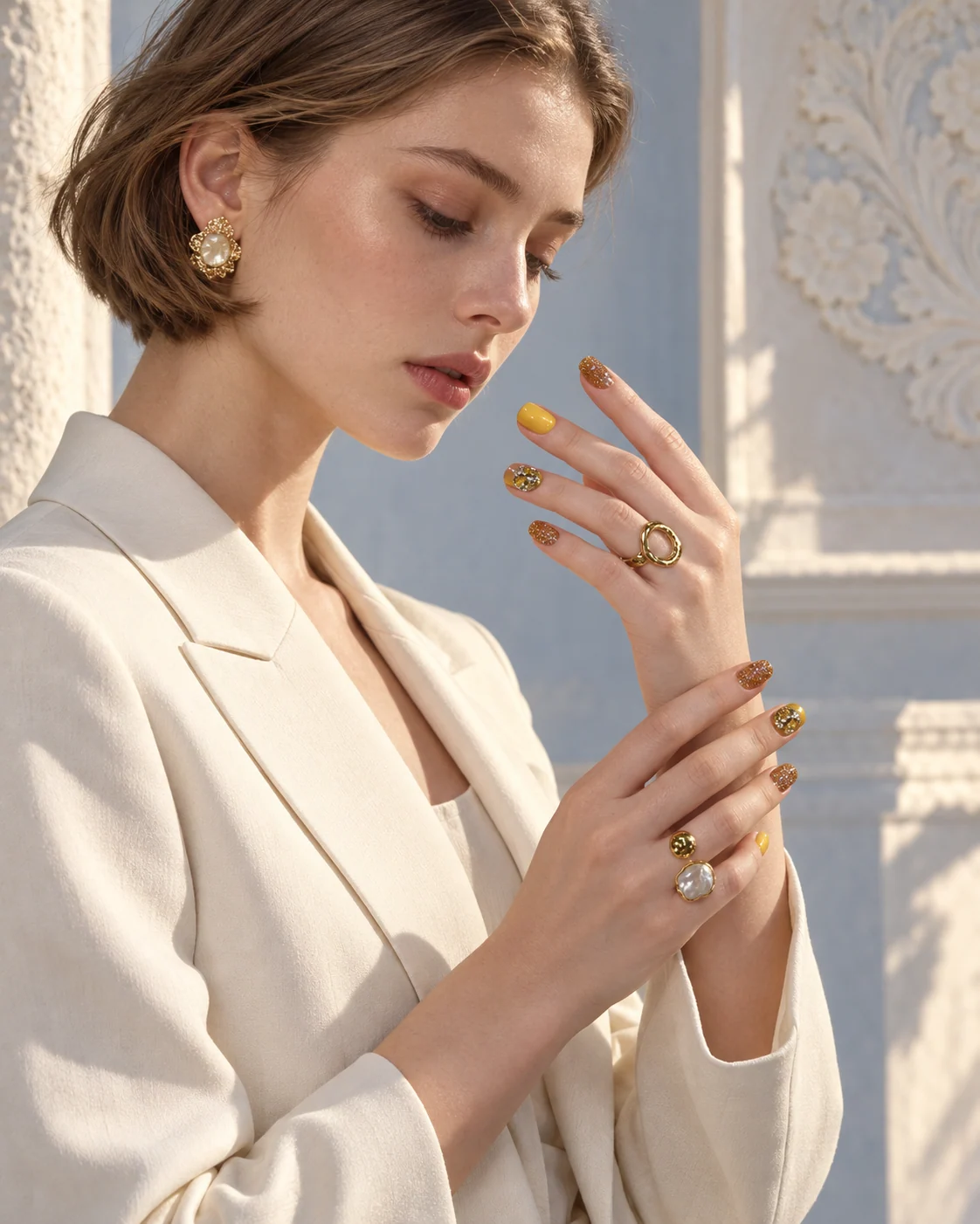 White fashion model presenting Solar Gold handmade press-on nails